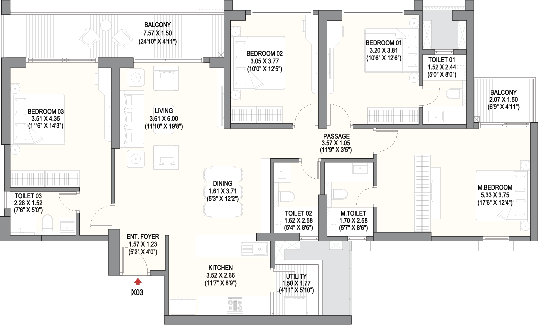 4 BHK Iconic 1580 Floor Plan